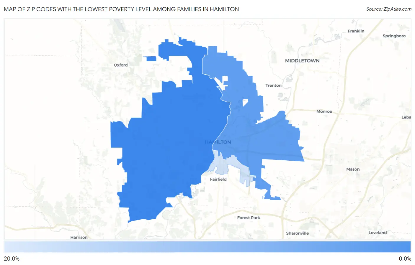 Zip Codes with the Lowest Poverty Level Among Families in Hamilton Map