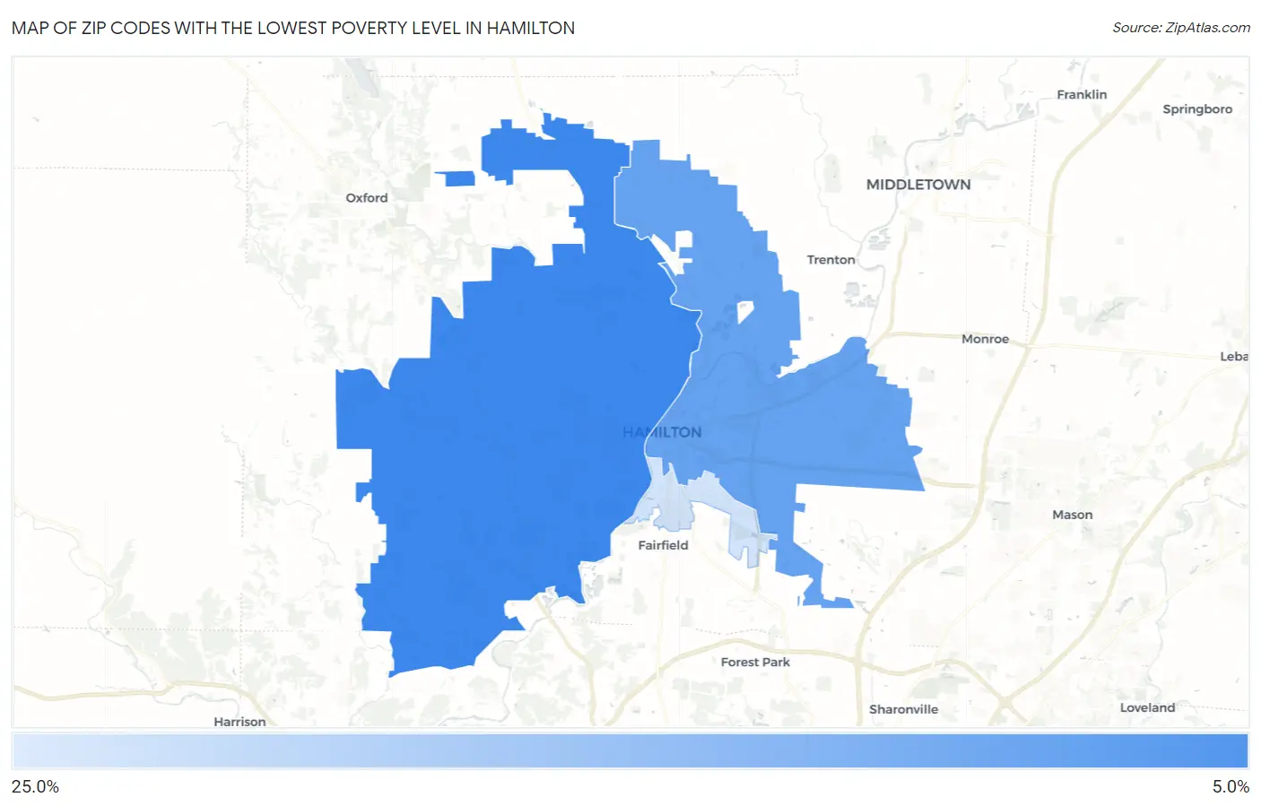 Zip Codes with the Lowest Poverty Level in Hamilton Map
