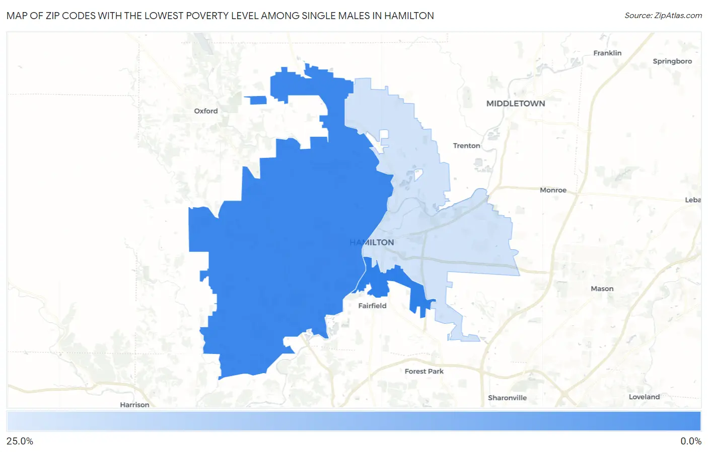 Zip Codes with the Lowest Poverty Level Among Single Males in Hamilton Map