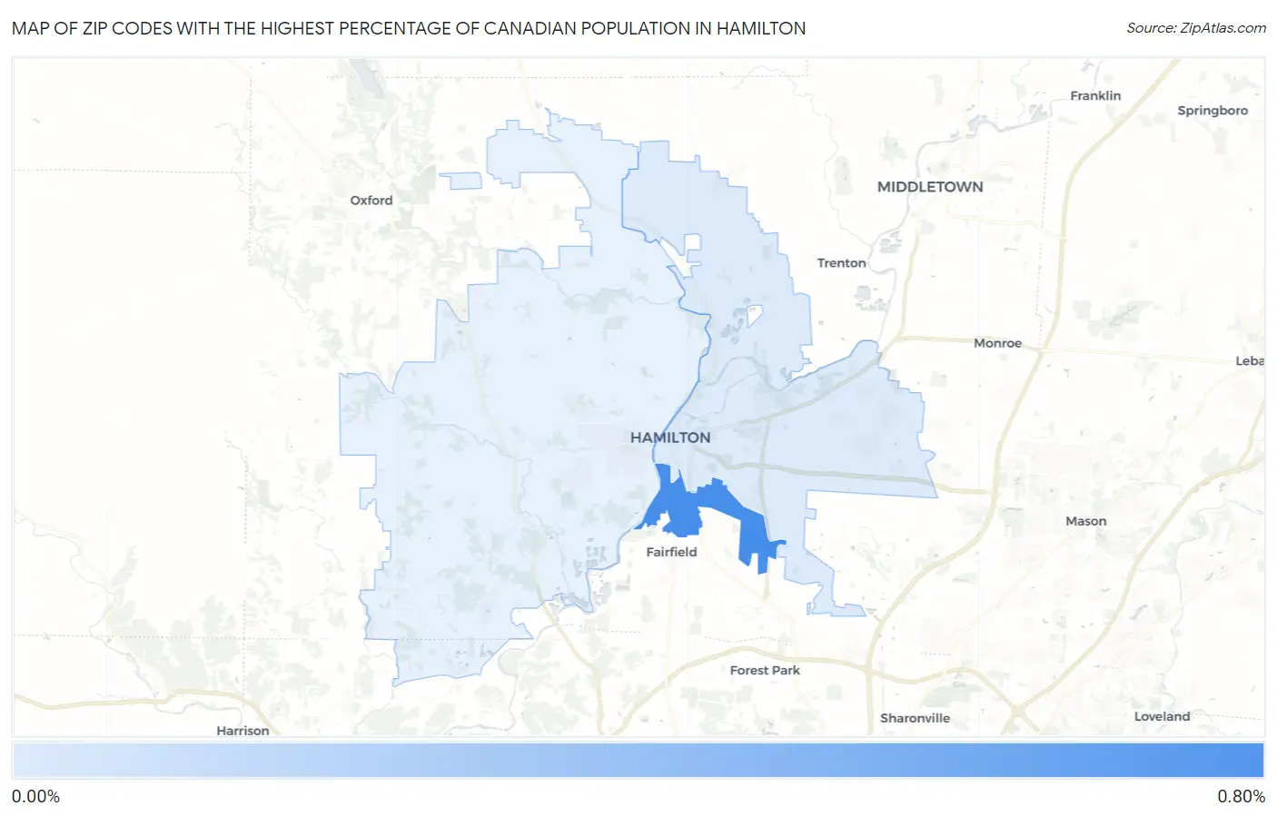 Zip Codes with the Highest Percentage of Canadian Population in Hamilton Map