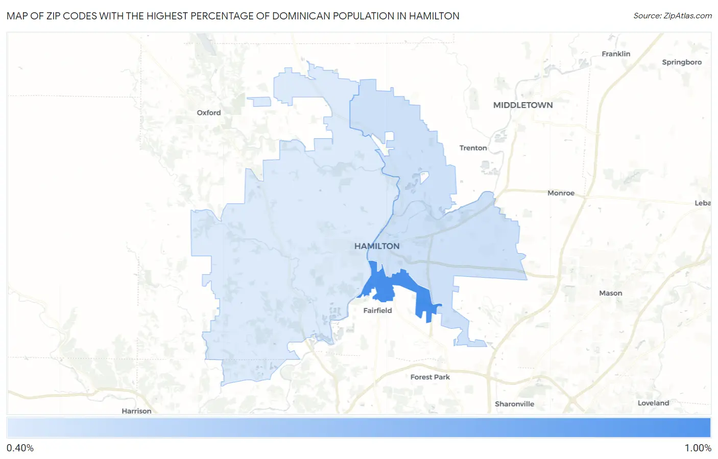 Zip Codes with the Highest Percentage of Dominican Population in Hamilton Map