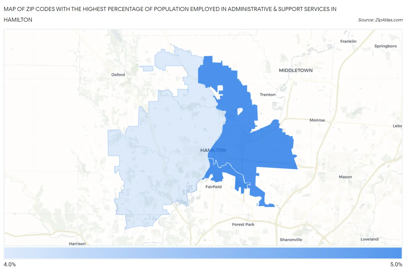 Zip Codes with the Highest Percentage of Population Employed in Administrative & Support Services in Hamilton Map