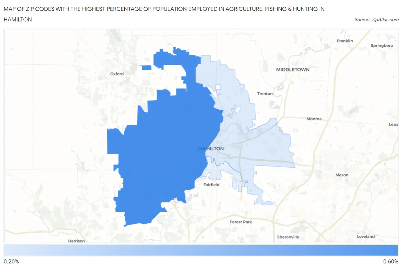 Zip Codes with the Highest Percentage of Population Employed in Agriculture, Fishing & Hunting in Hamilton Map