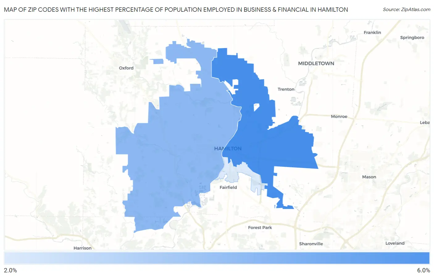 Zip Codes with the Highest Percentage of Population Employed in Business & Financial in Hamilton Map