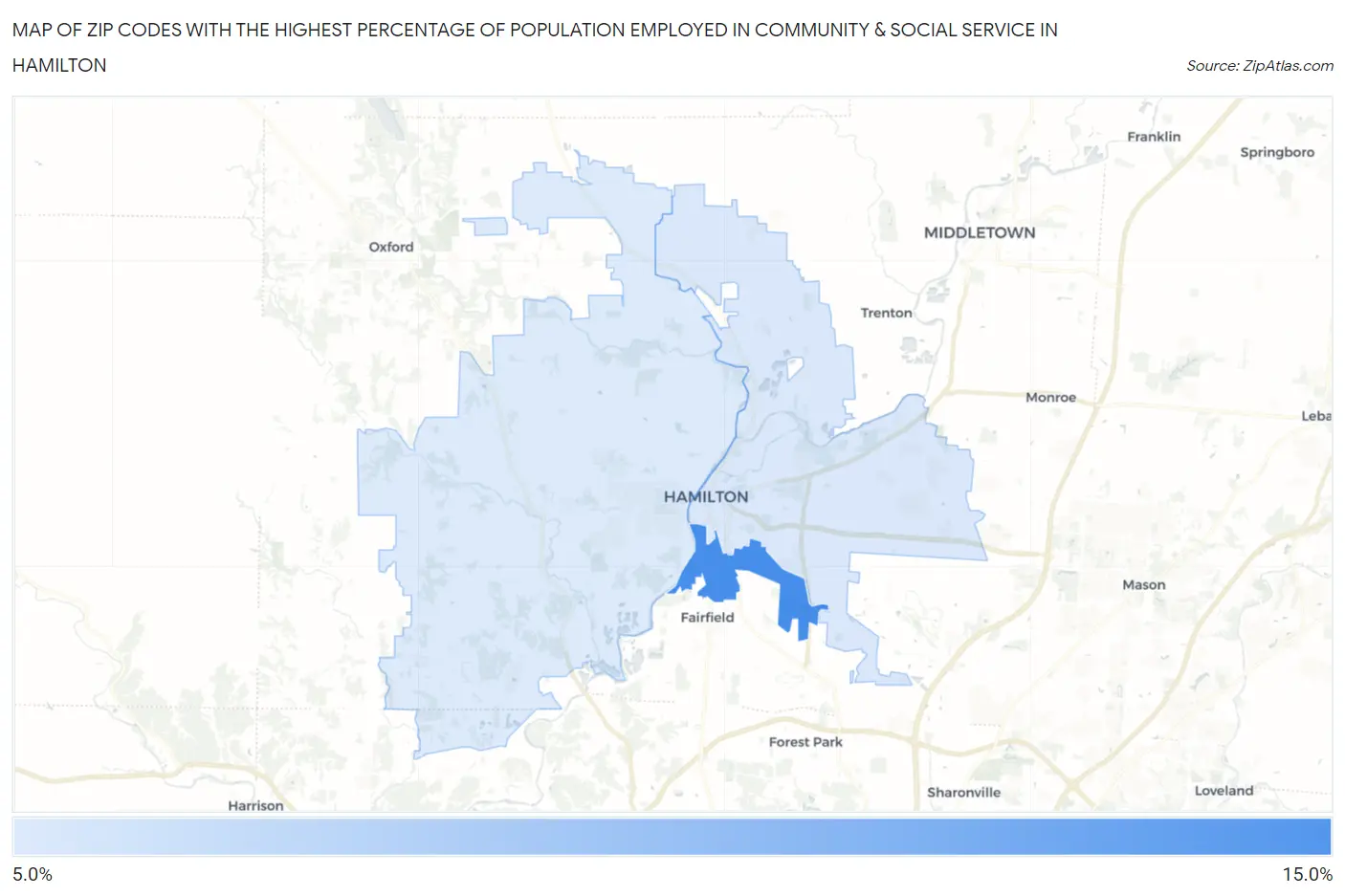 Zip Codes with the Highest Percentage of Population Employed in Community & Social Service  in Hamilton Map