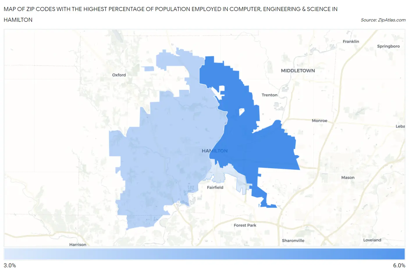 Zip Codes with the Highest Percentage of Population Employed in Computer, Engineering & Science in Hamilton Map