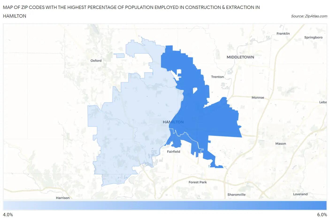 Zip Codes with the Highest Percentage of Population Employed in Construction & Extraction in Hamilton Map