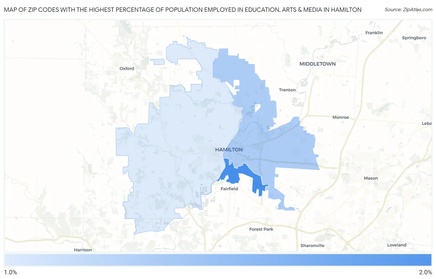 Zip Codes with the Highest Percentage of Population Employed in Education, Arts & Media in Hamilton Map