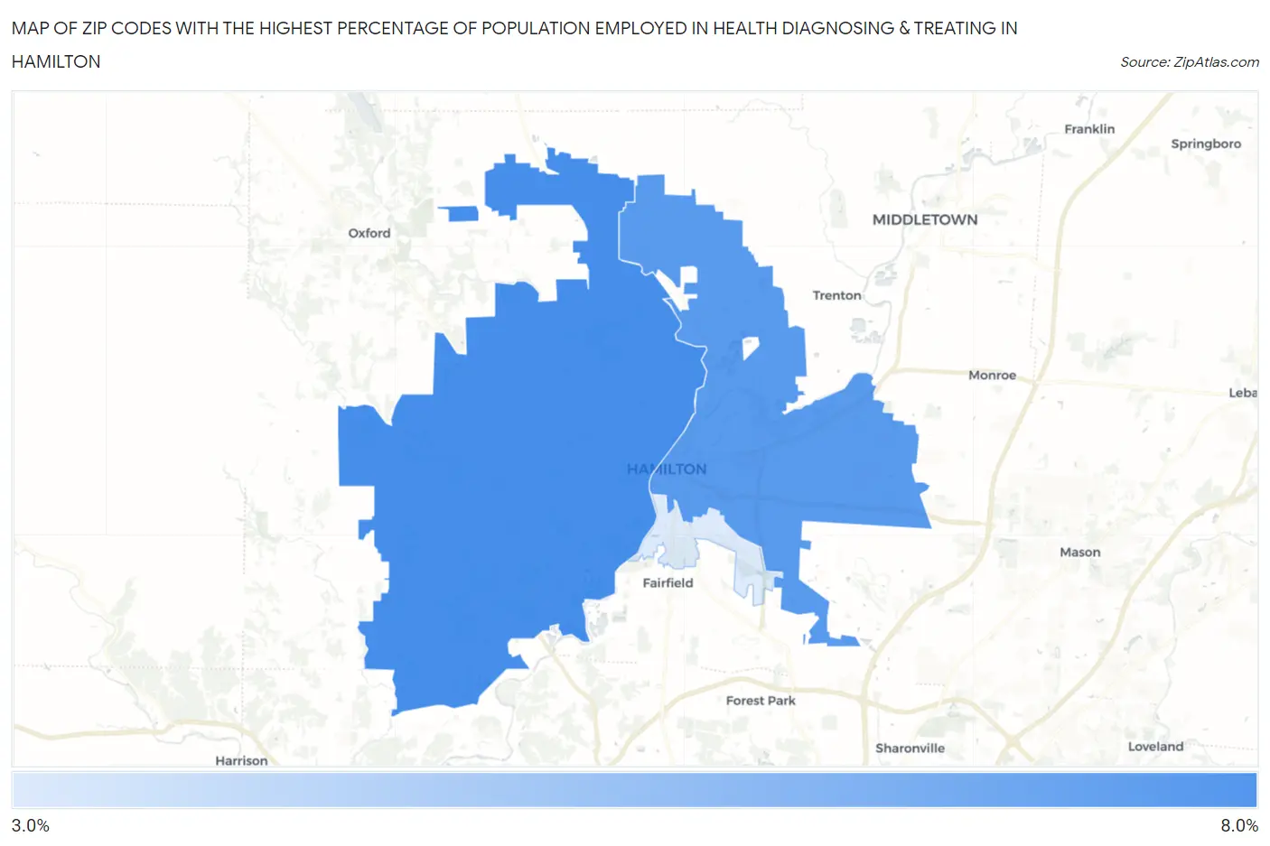 Zip Codes with the Highest Percentage of Population Employed in Health Diagnosing & Treating in Hamilton Map