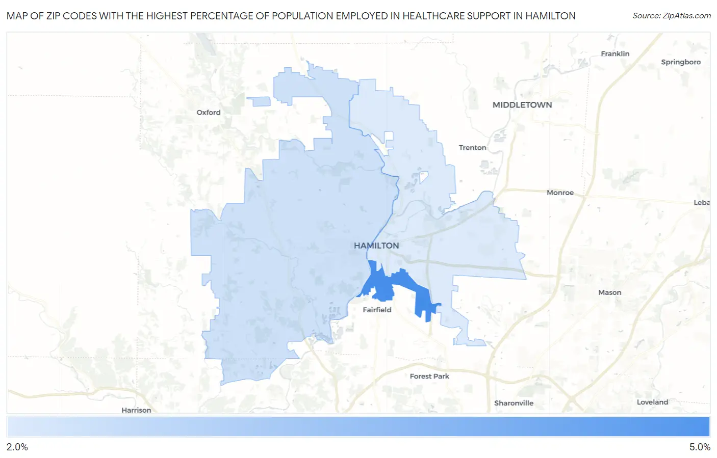 Zip Codes with the Highest Percentage of Population Employed in Healthcare Support in Hamilton Map
