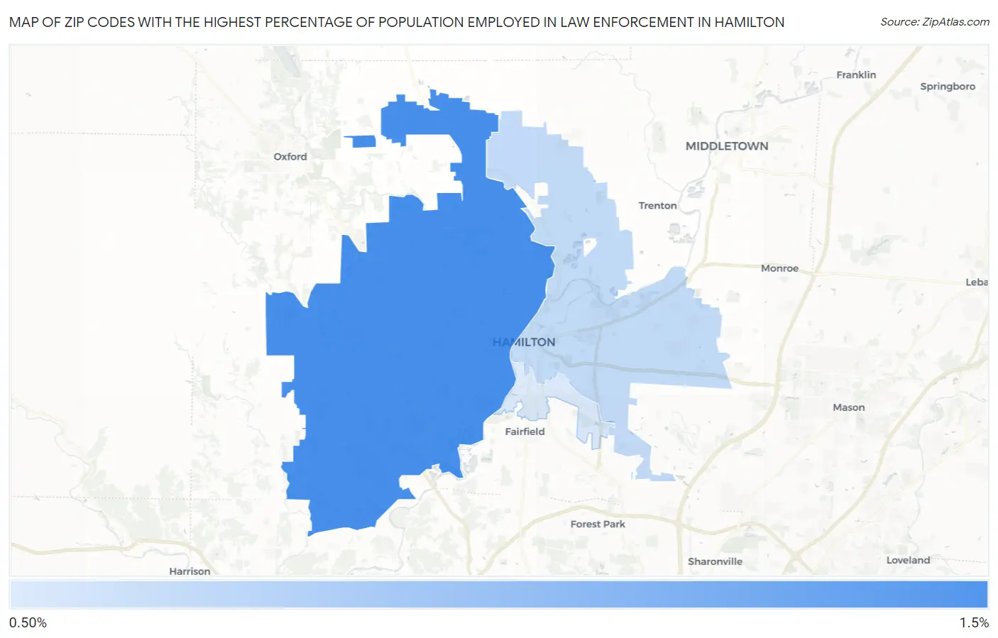 Zip Codes with the Highest Percentage of Population Employed in Law Enforcement in Hamilton Map