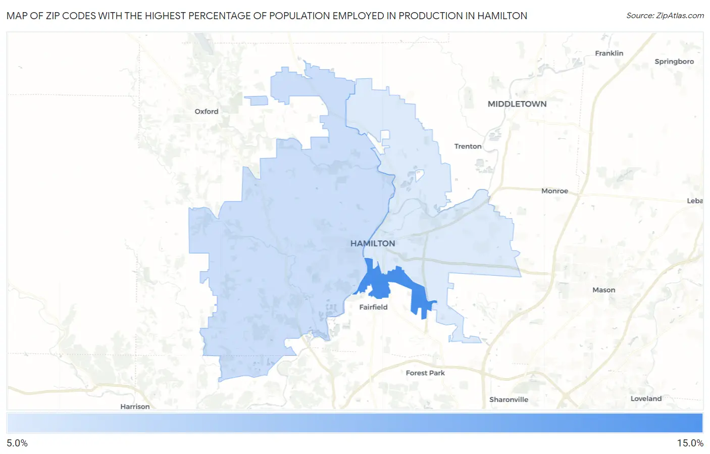 Zip Codes with the Highest Percentage of Population Employed in Production in Hamilton Map