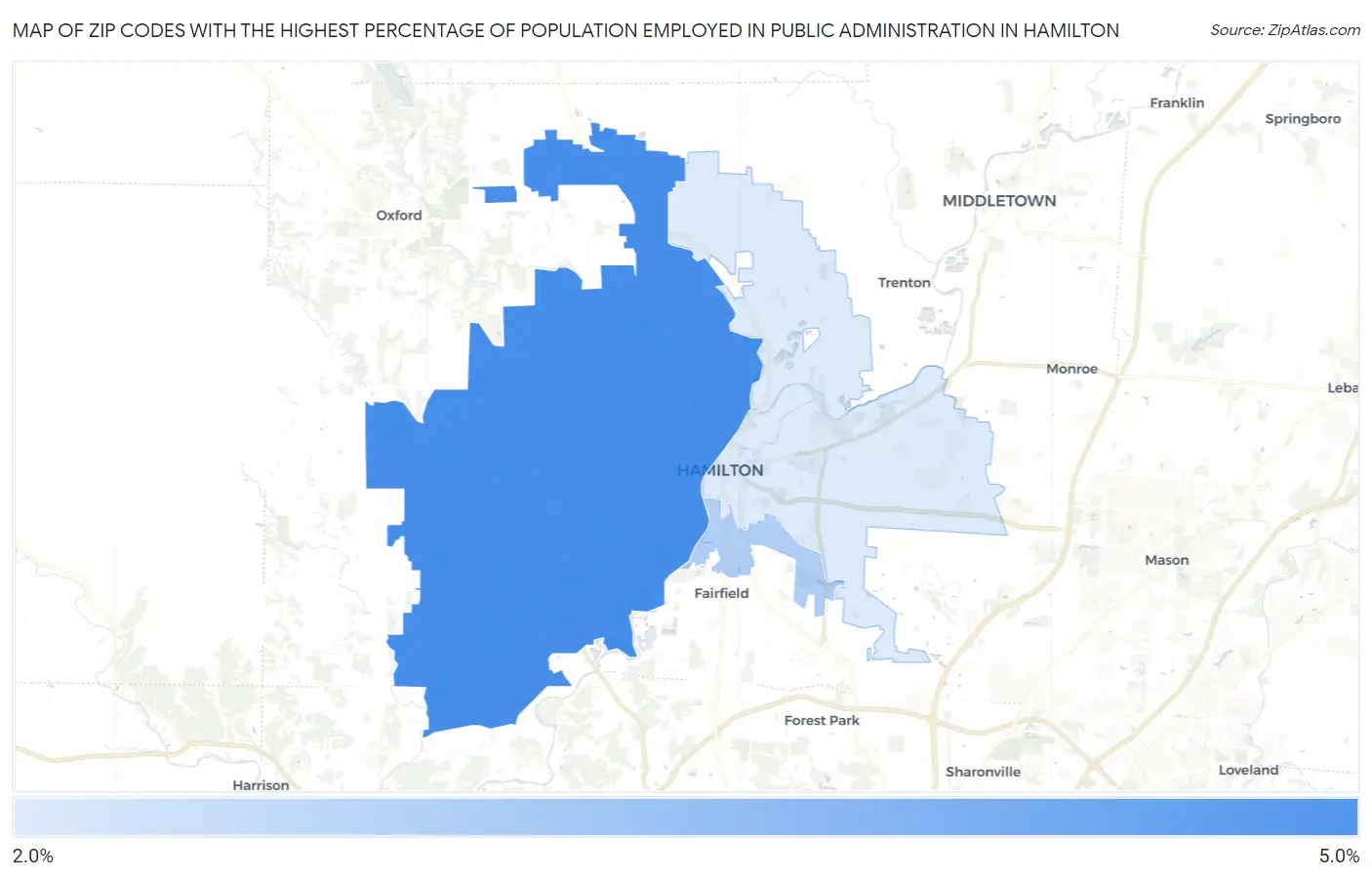 Zip Codes with the Highest Percentage of Population Employed in Public Administration in Hamilton Map