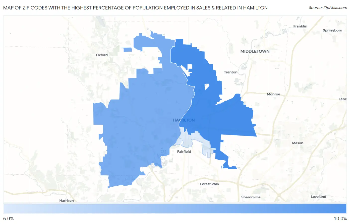 Zip Codes with the Highest Percentage of Population Employed in Sales & Related in Hamilton Map