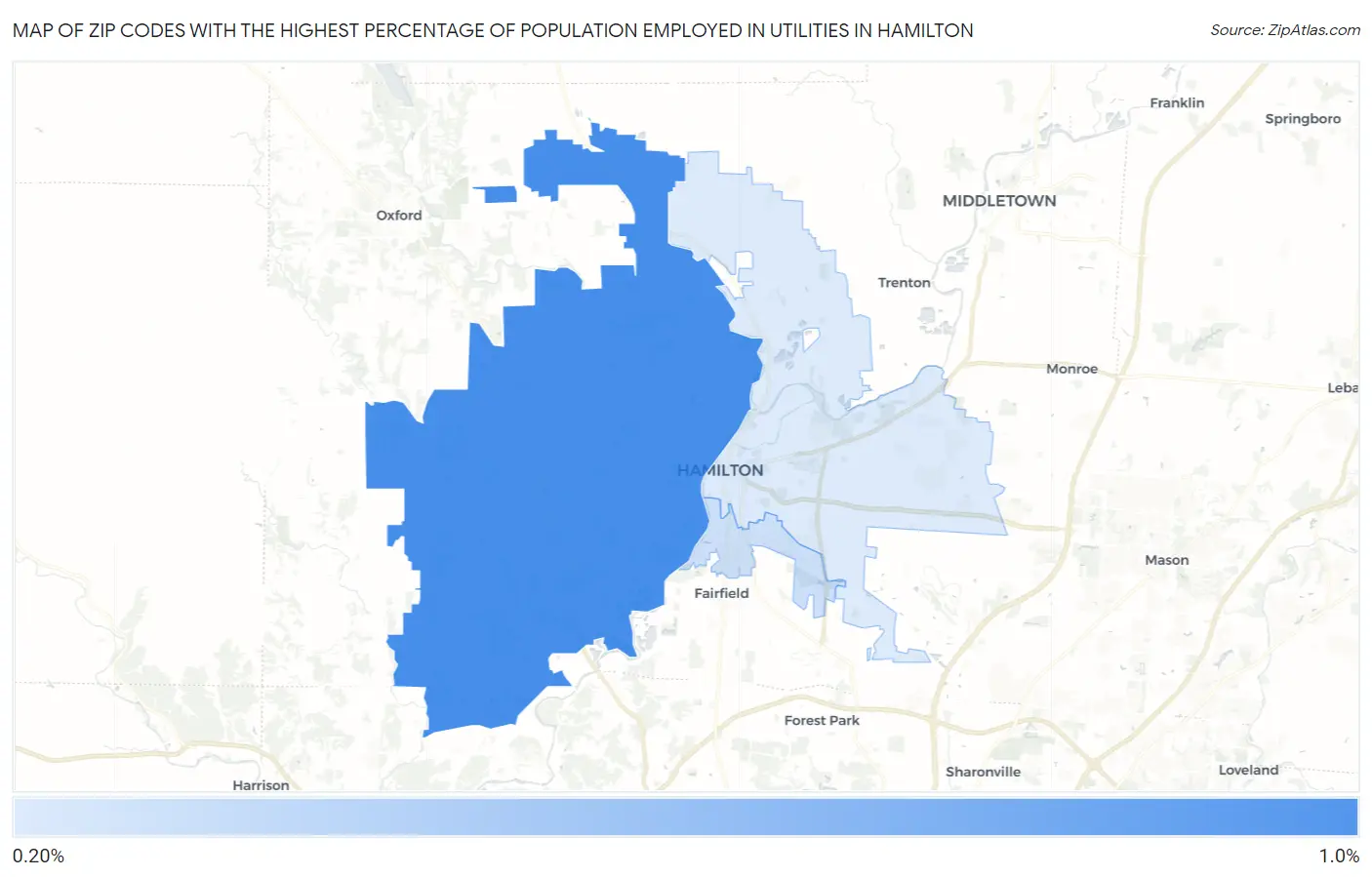 Zip Codes with the Highest Percentage of Population Employed in Utilities in Hamilton Map