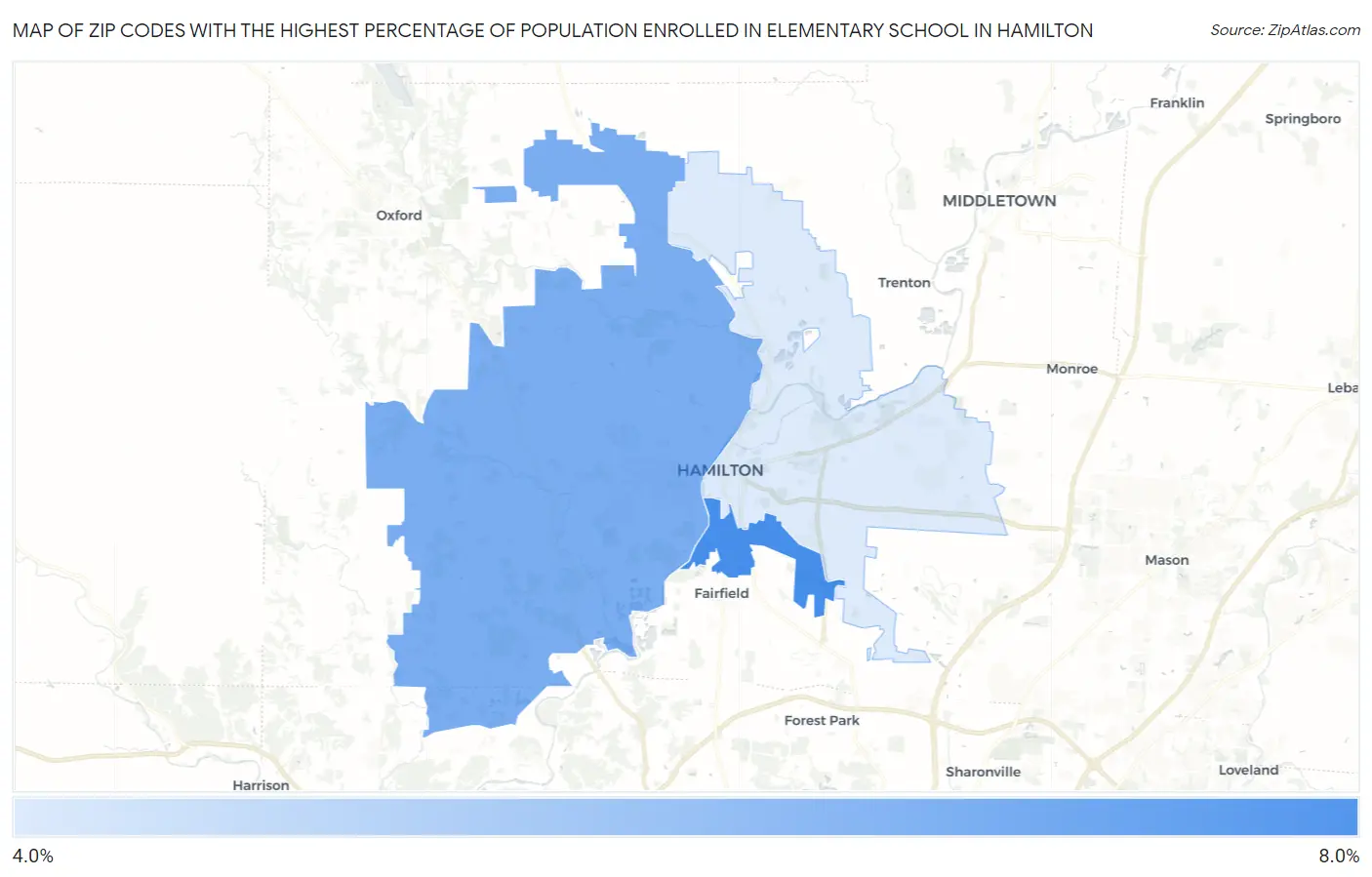 Zip Codes with the Highest Percentage of Population Enrolled in Elementary School in Hamilton Map