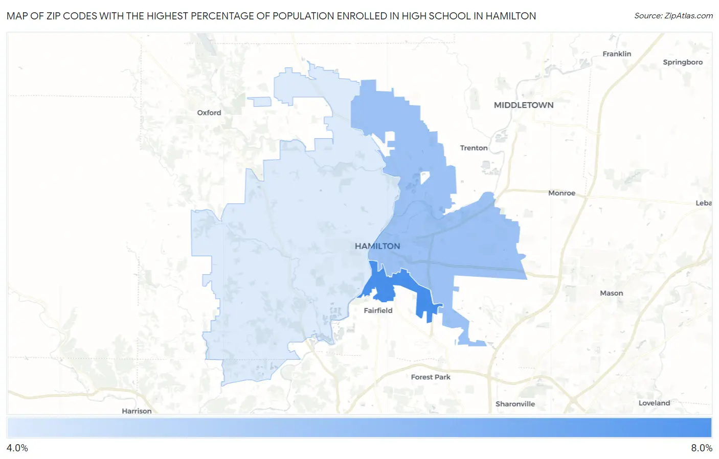 Zip Codes with the Highest Percentage of Population Enrolled in High School in Hamilton Map