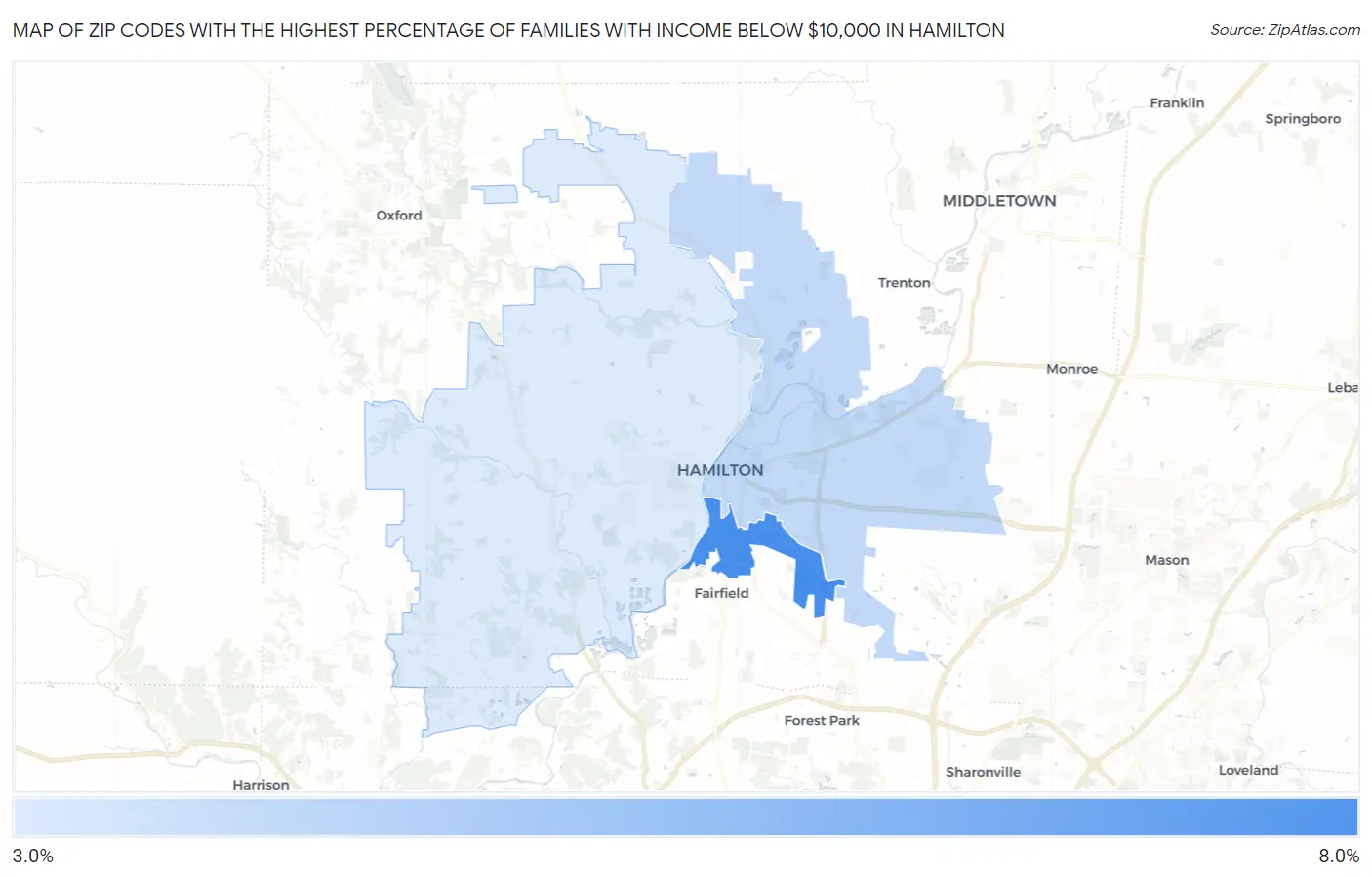 Zip Codes with the Highest Percentage of Families with Income Below $10,000 in Hamilton Map