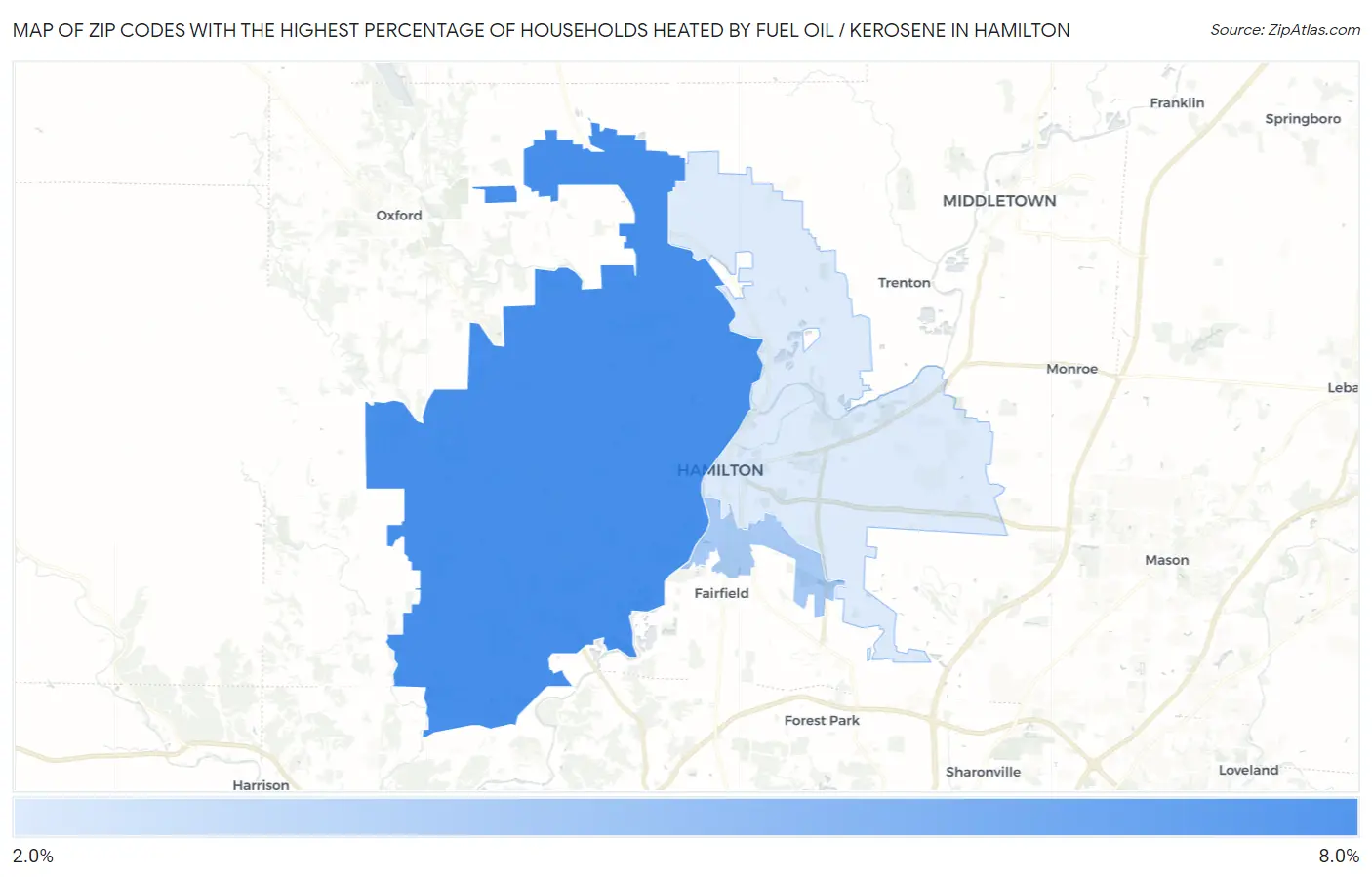 Zip Codes with the Highest Percentage of Households Heated by Fuel Oil / Kerosene in Hamilton Map