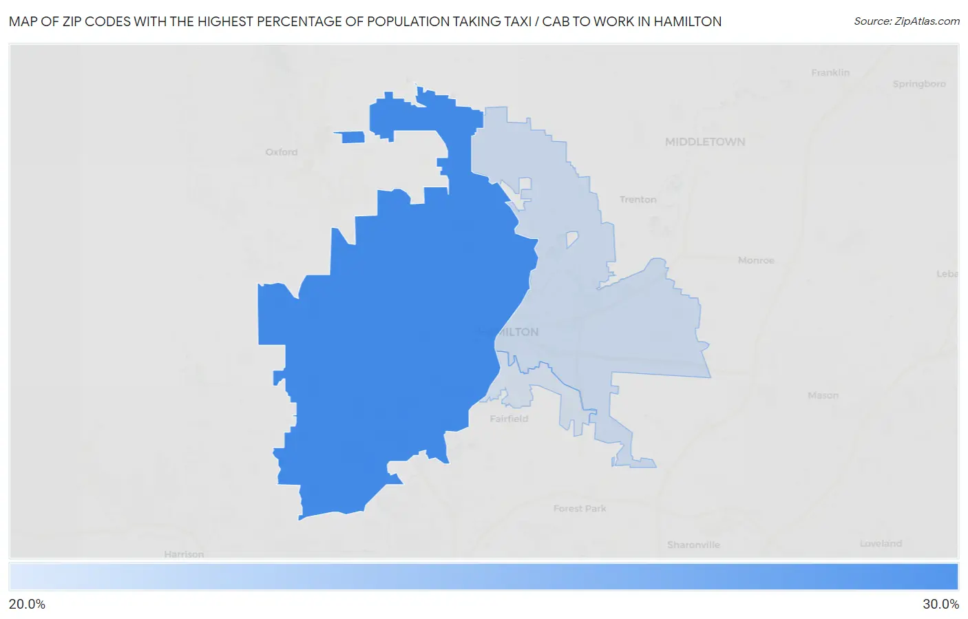 Zip Codes with the Highest Percentage of Population Taking Taxi / Cab to Work in Hamilton Map