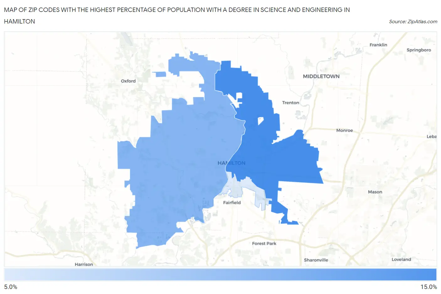 Zip Codes with the Highest Percentage of Population with a Degree in Science and Engineering in Hamilton Map