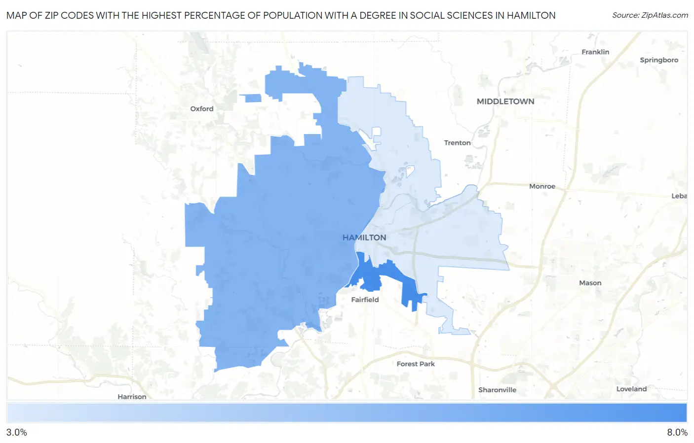 Zip Codes with the Highest Percentage of Population with a Degree in Social Sciences in Hamilton Map