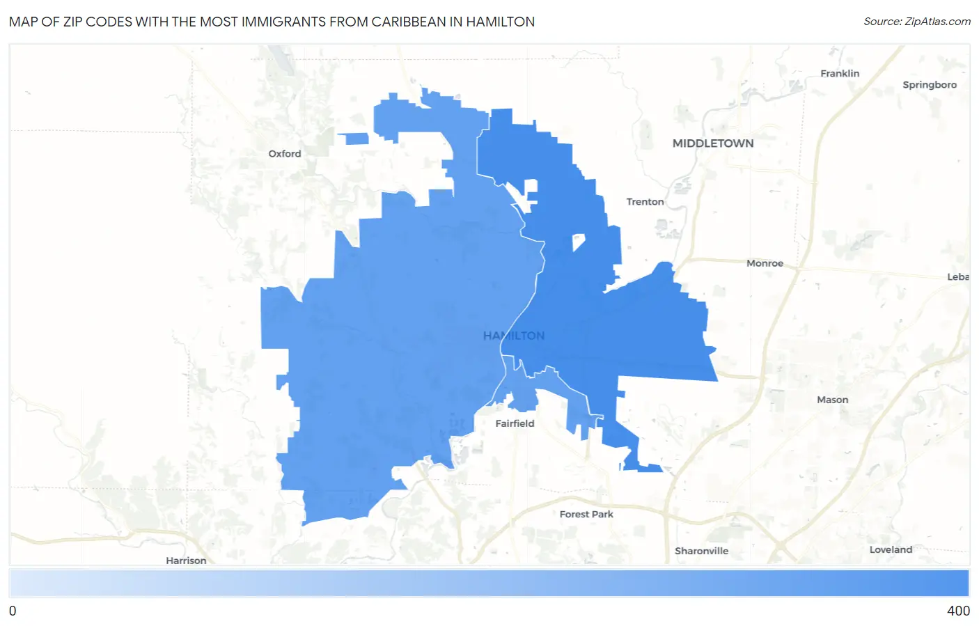 Zip Codes with the Most Immigrants from Caribbean in Hamilton Map