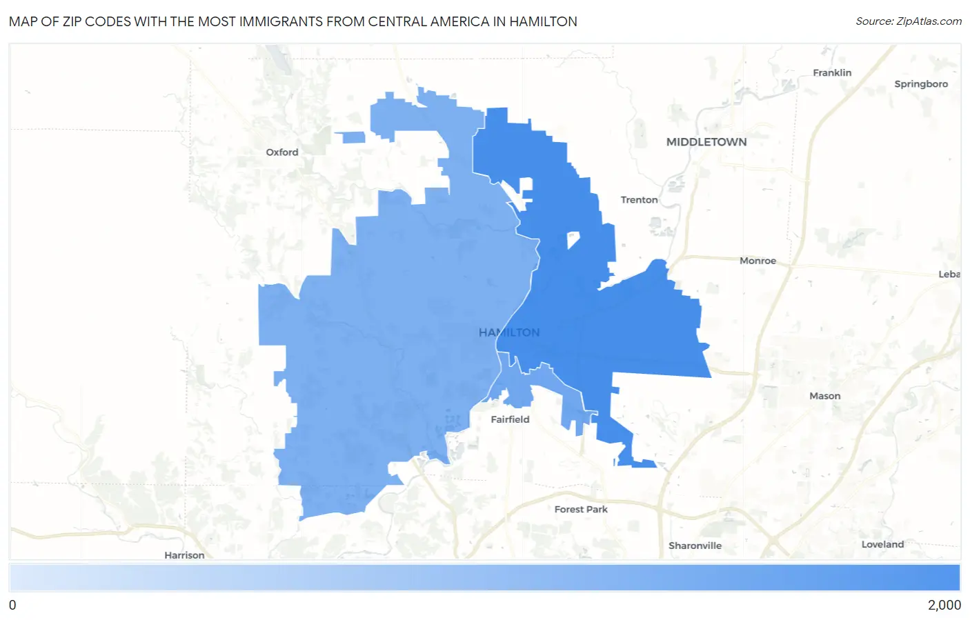 Zip Codes with the Most Immigrants from Central America in Hamilton Map