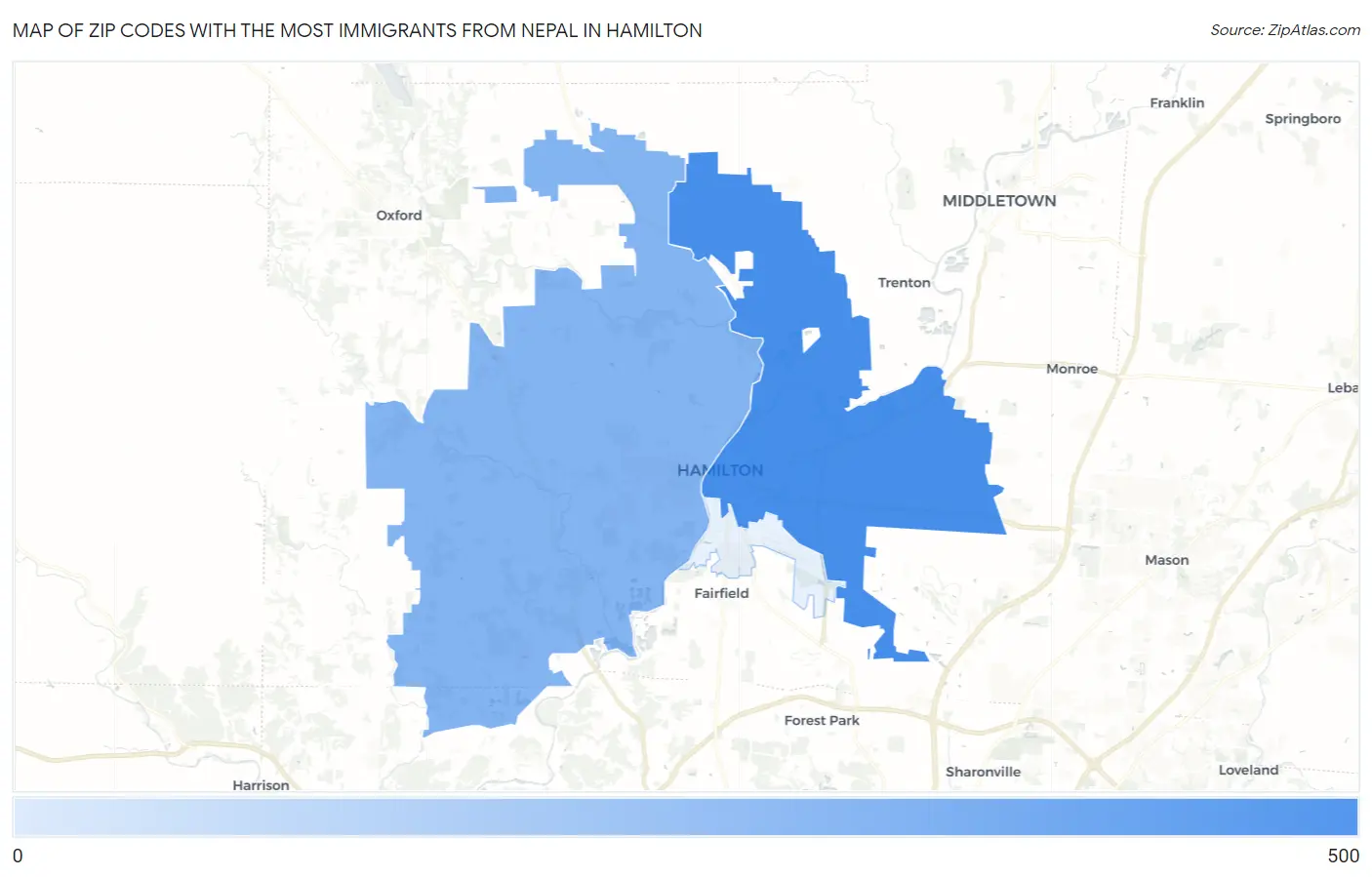 Zip Codes with the Most Immigrants from Nepal in Hamilton Map
