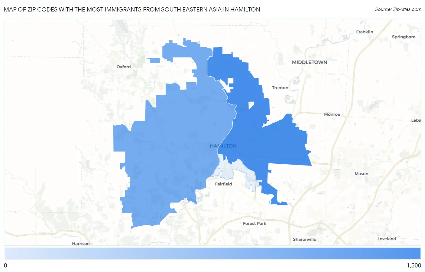 Zip Codes with the Most Immigrants from South Eastern Asia in Hamilton Map