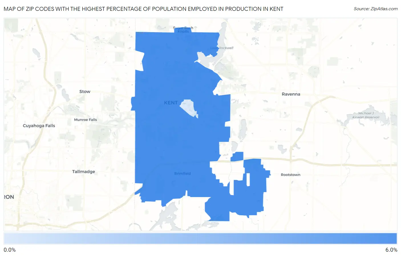 Zip Codes with the Highest Percentage of Population Employed in Production in Kent Map