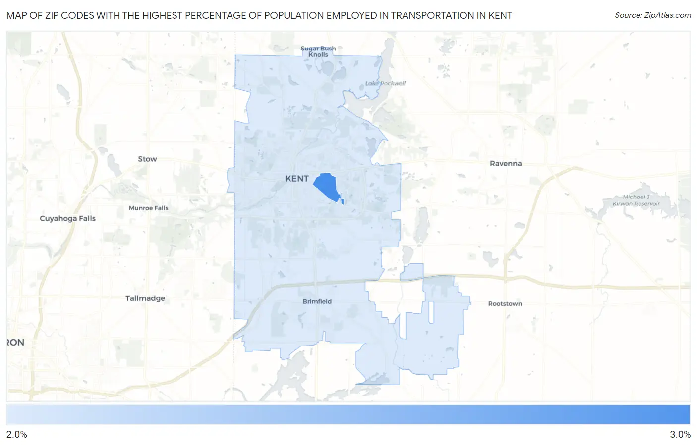 Zip Codes with the Highest Percentage of Population Employed in Transportation in Kent Map
