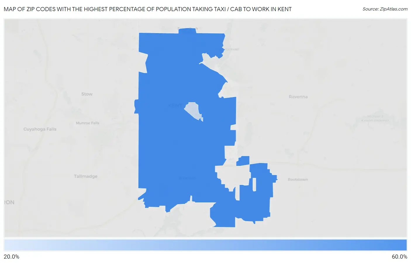 Zip Codes with the Highest Percentage of Population Taking Taxi / Cab to Work in Kent Map