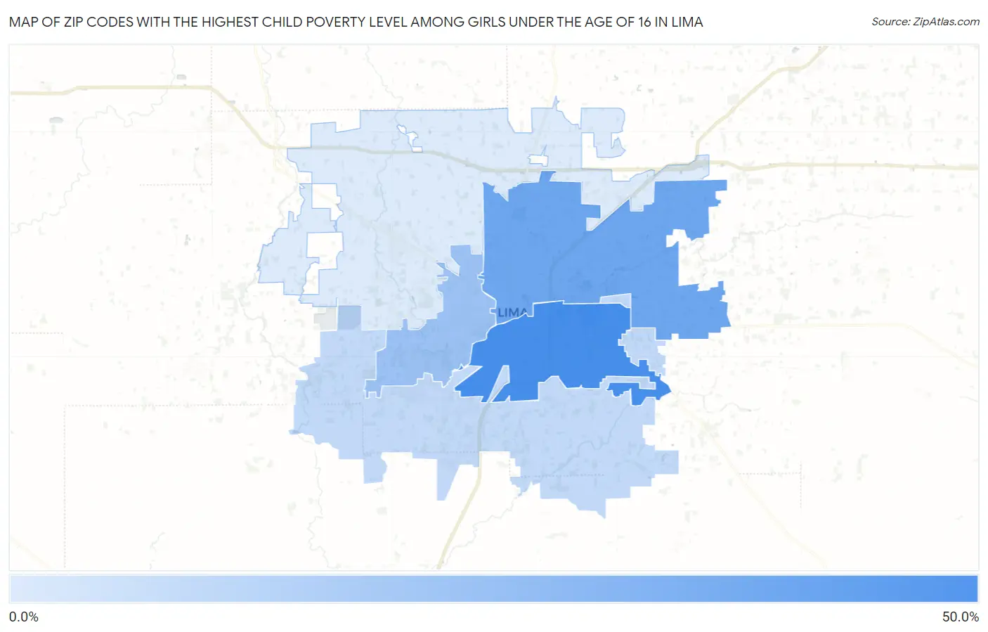 Zip Codes with the Highest Child Poverty Level Among Girls Under the Age of 16 in Lima Map