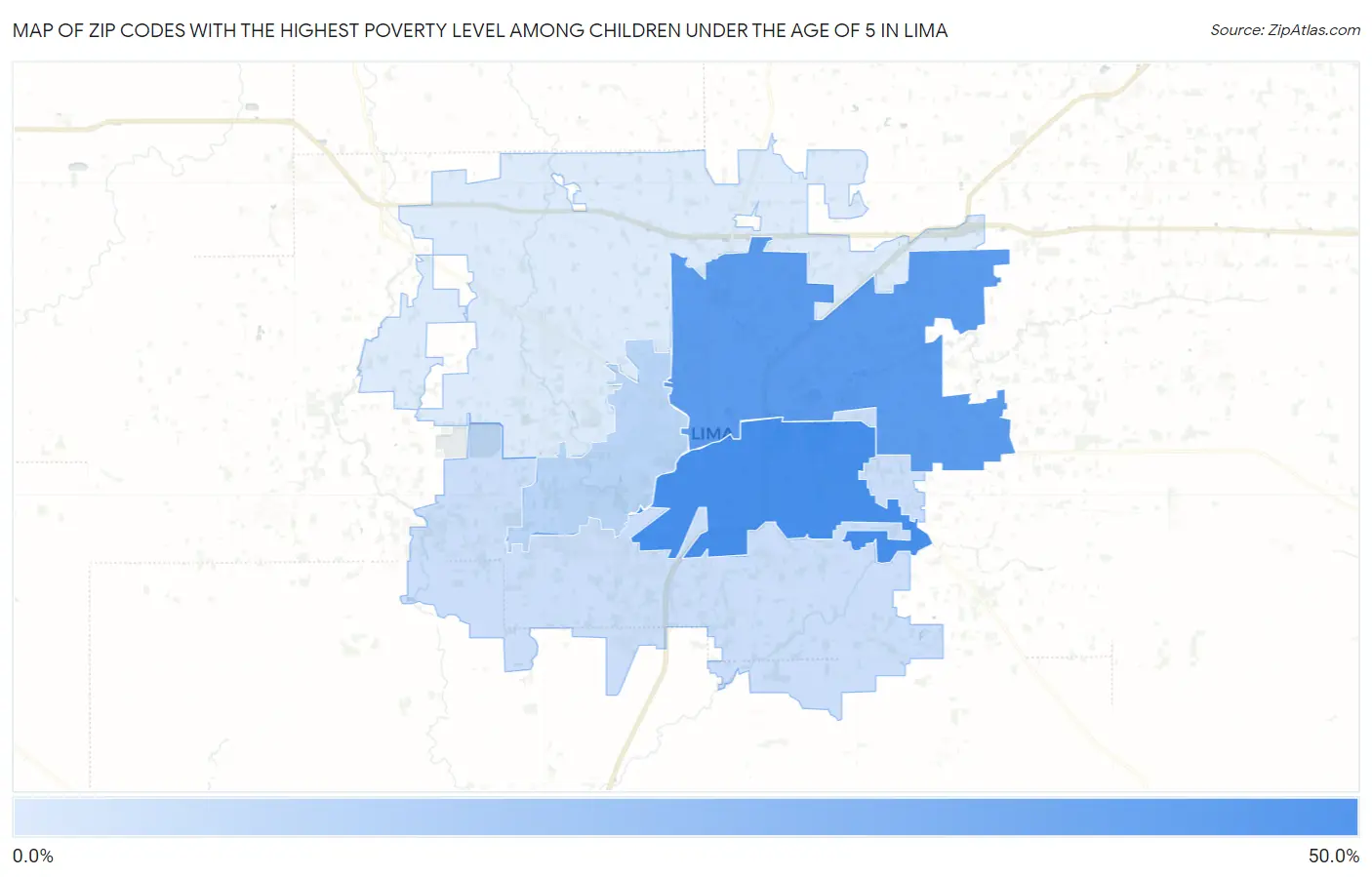 Zip Codes with the Highest Poverty Level Among Children Under the Age of 5 in Lima Map
