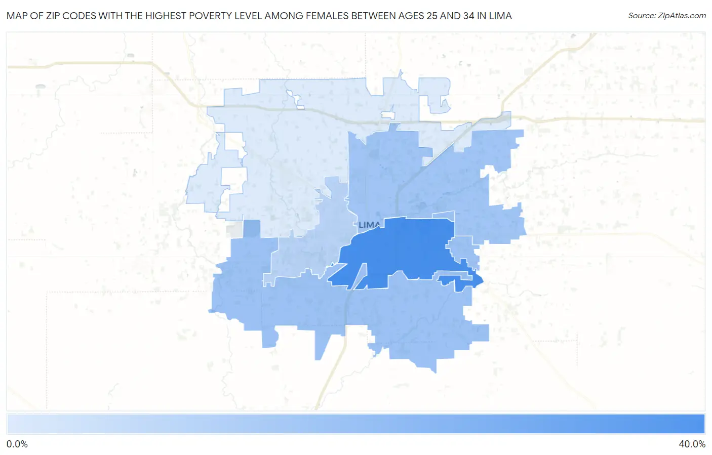 Zip Codes with the Highest Poverty Level Among Females Between Ages 25 and 34 in Lima Map