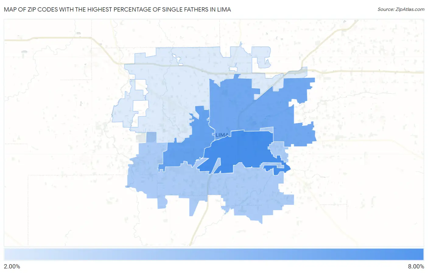 Zip Codes with the Highest Percentage of Single Fathers in Lima Map