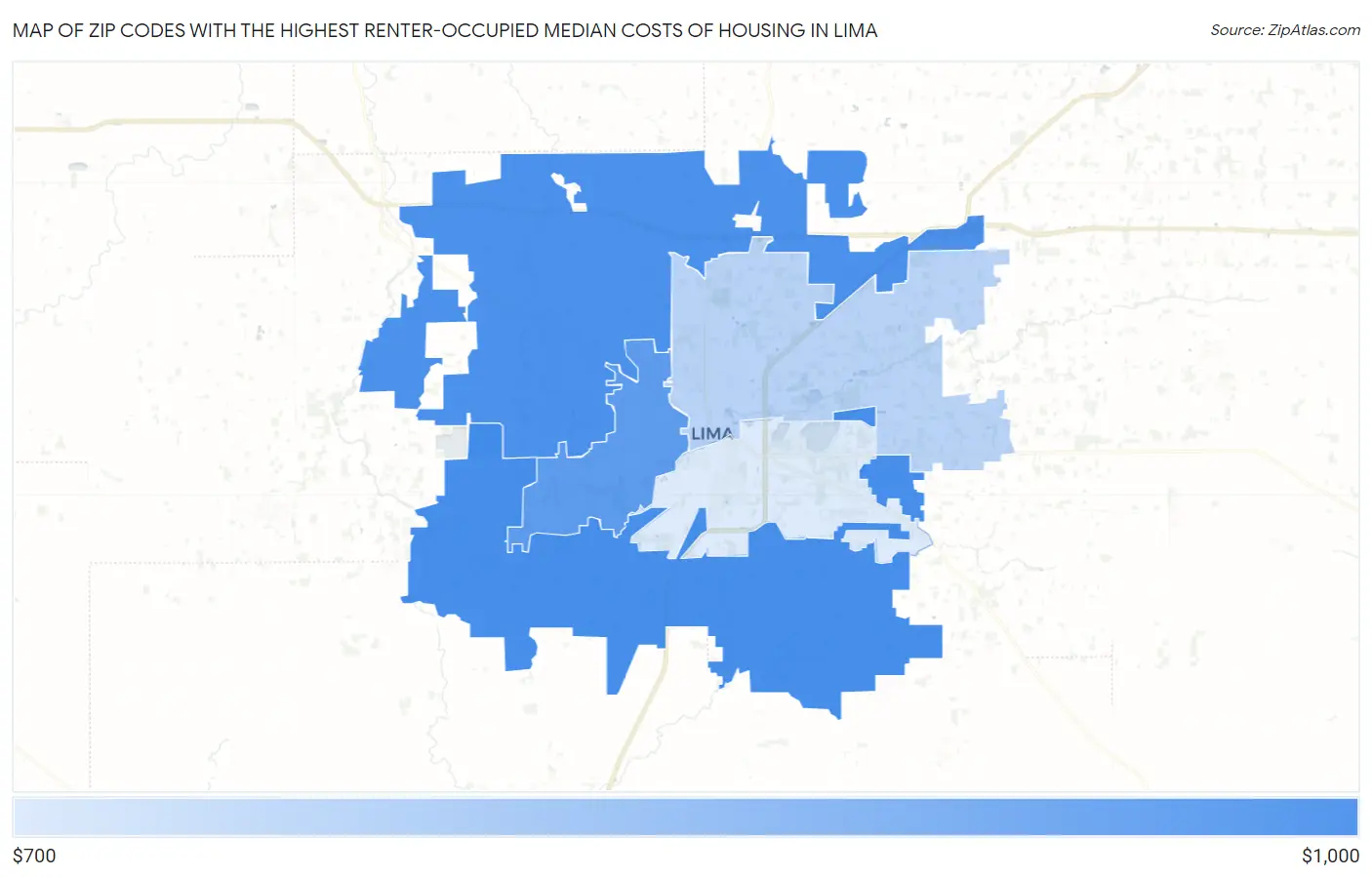 Zip Codes with the Highest Renter-Occupied Median Costs of Housing in Lima Map