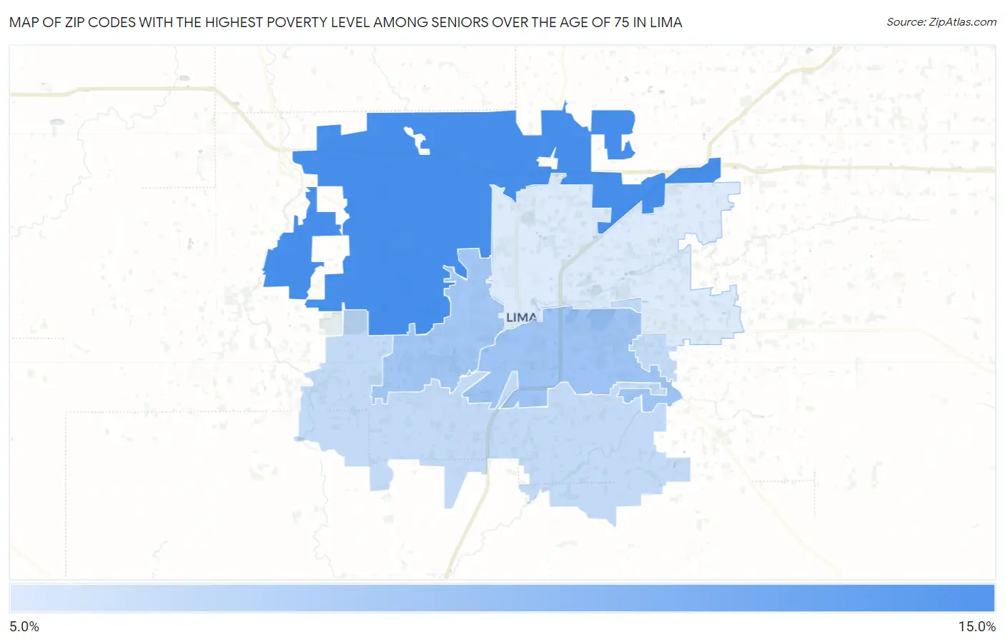 Zip Codes with the Highest Poverty Level Among Seniors Over the Age of 75 in Lima Map