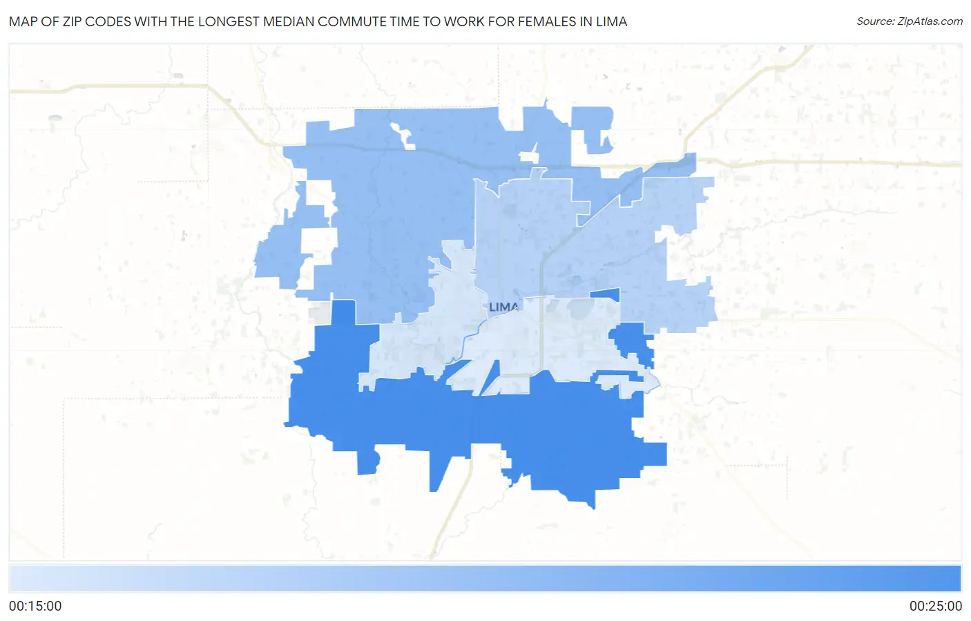 Zip Codes with the Longest Median Commute Time to Work for Females in Lima Map