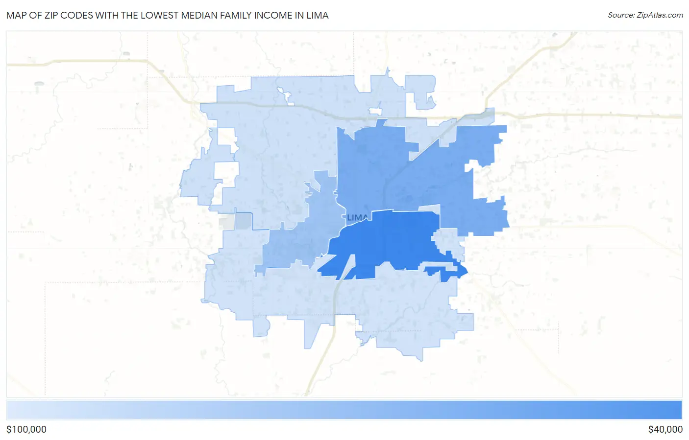 Zip Codes with the Lowest Median Family Income in Lima Map