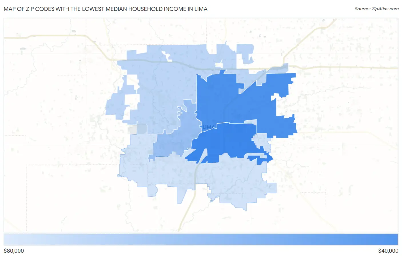 Zip Codes with the Lowest Median Household Income in Lima Map