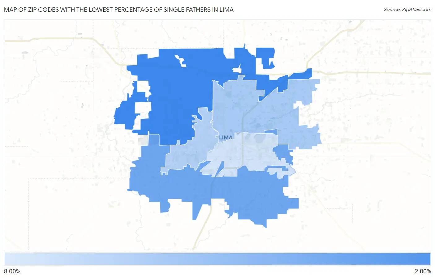 Zip Codes with the Lowest Percentage of Single Fathers in Lima Map