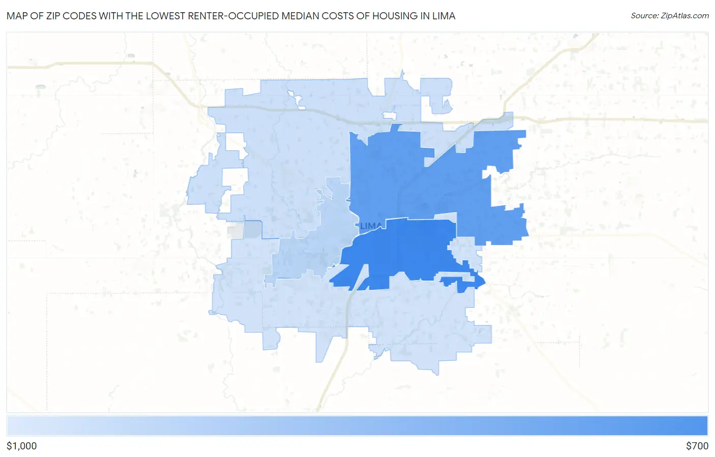 Zip Codes with the Lowest Renter-Occupied Median Costs of Housing in Lima Map