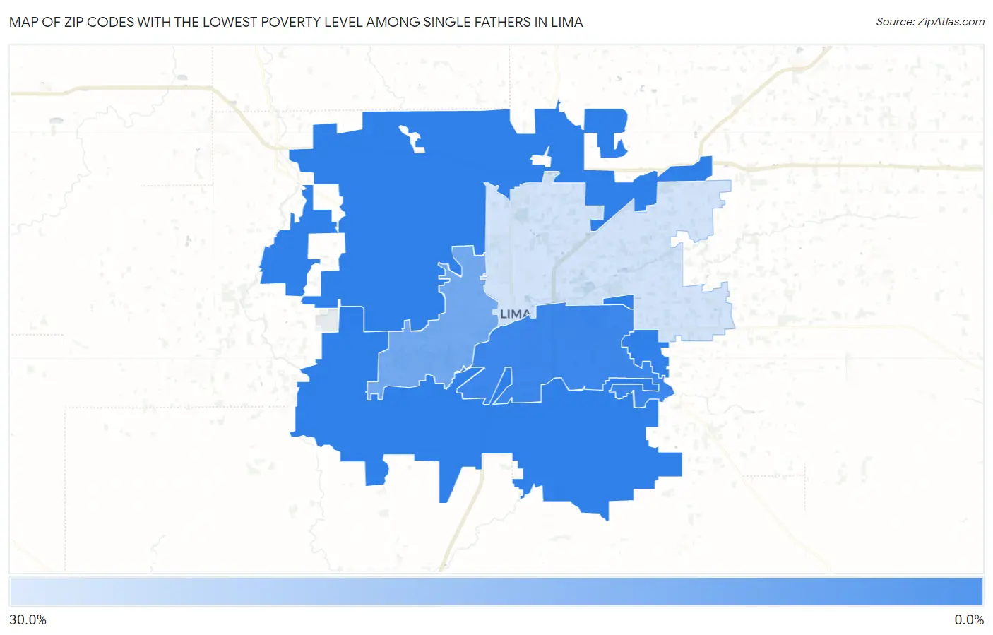 Zip Codes with the Lowest Poverty Level Among Single Fathers in Lima Map
