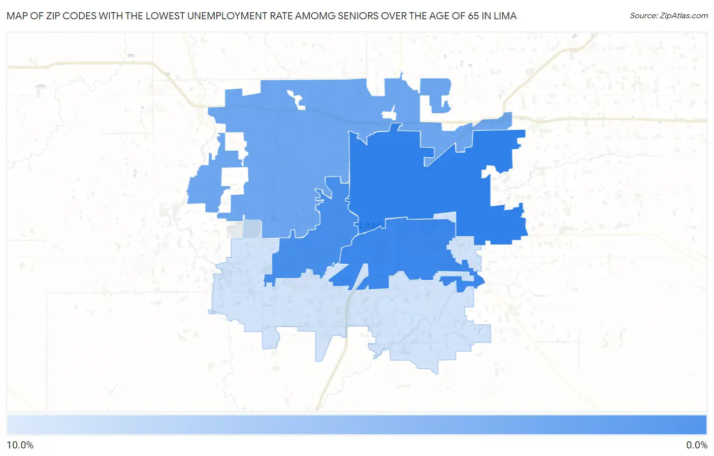 Zip Codes with the Lowest Unemployment Rate Amomg Seniors Over the Age of 65 in Lima Map