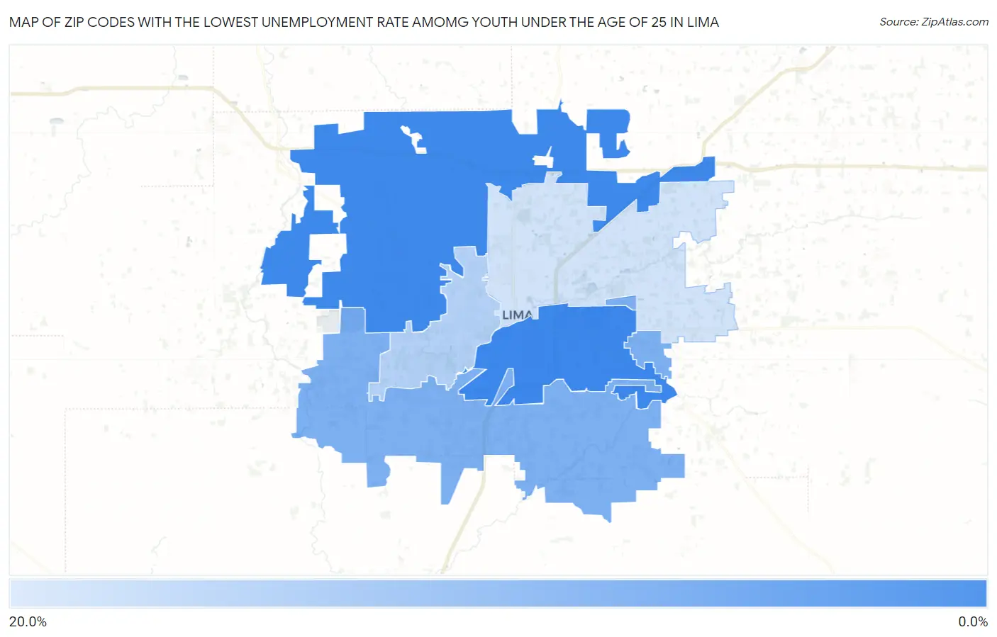 Zip Codes with the Lowest Unemployment Rate Amomg Youth Under the Age of 25 in Lima Map