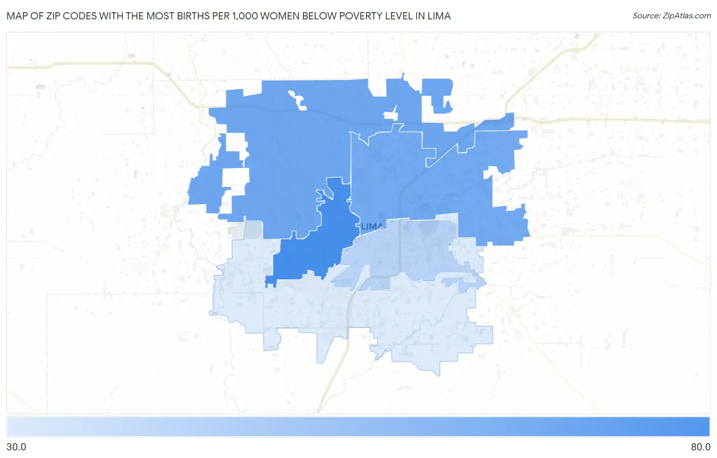 Zip Codes with the Most Births per 1,000 Women Below Poverty Level in Lima Map