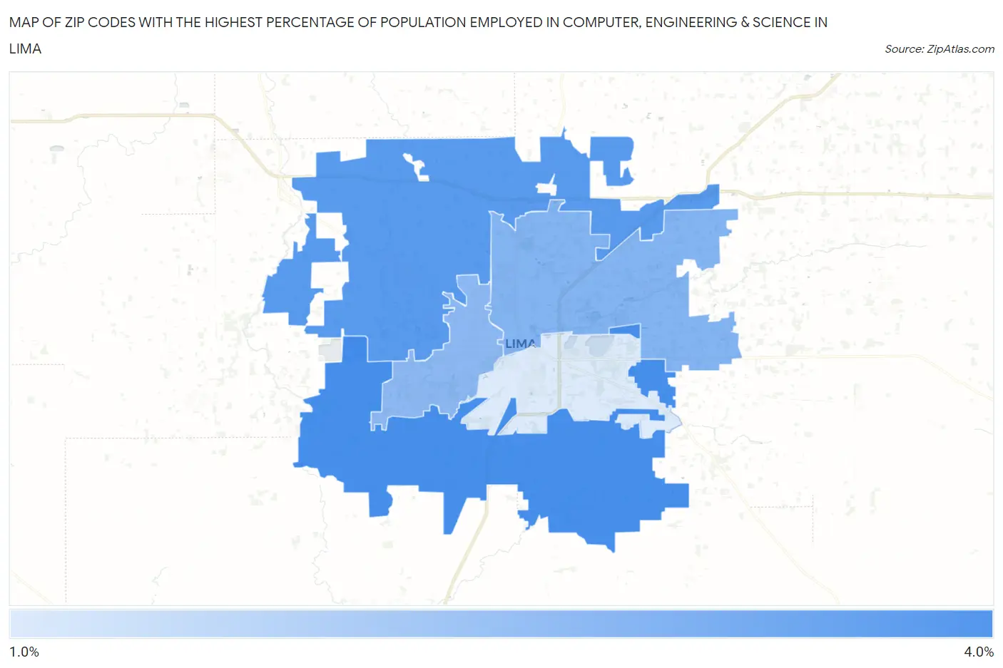 Zip Codes with the Highest Percentage of Population Employed in Computer, Engineering & Science in Lima Map