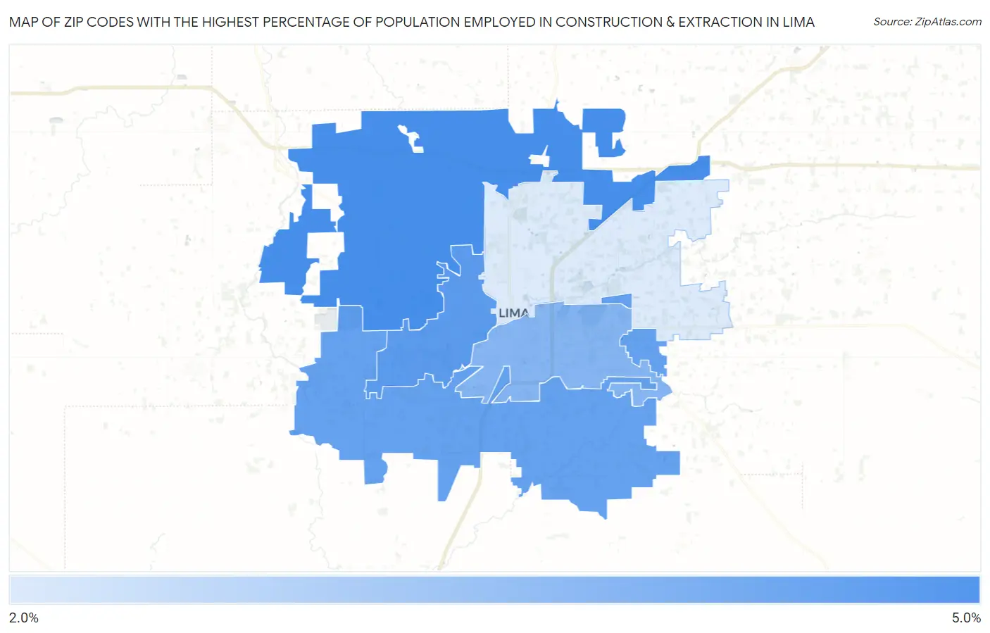 Zip Codes with the Highest Percentage of Population Employed in Construction & Extraction in Lima Map
